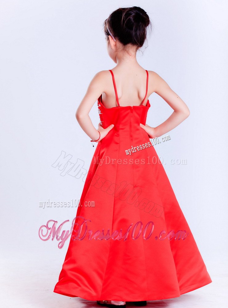 Red Straps Ankle-length Beading Flower Girl Dress