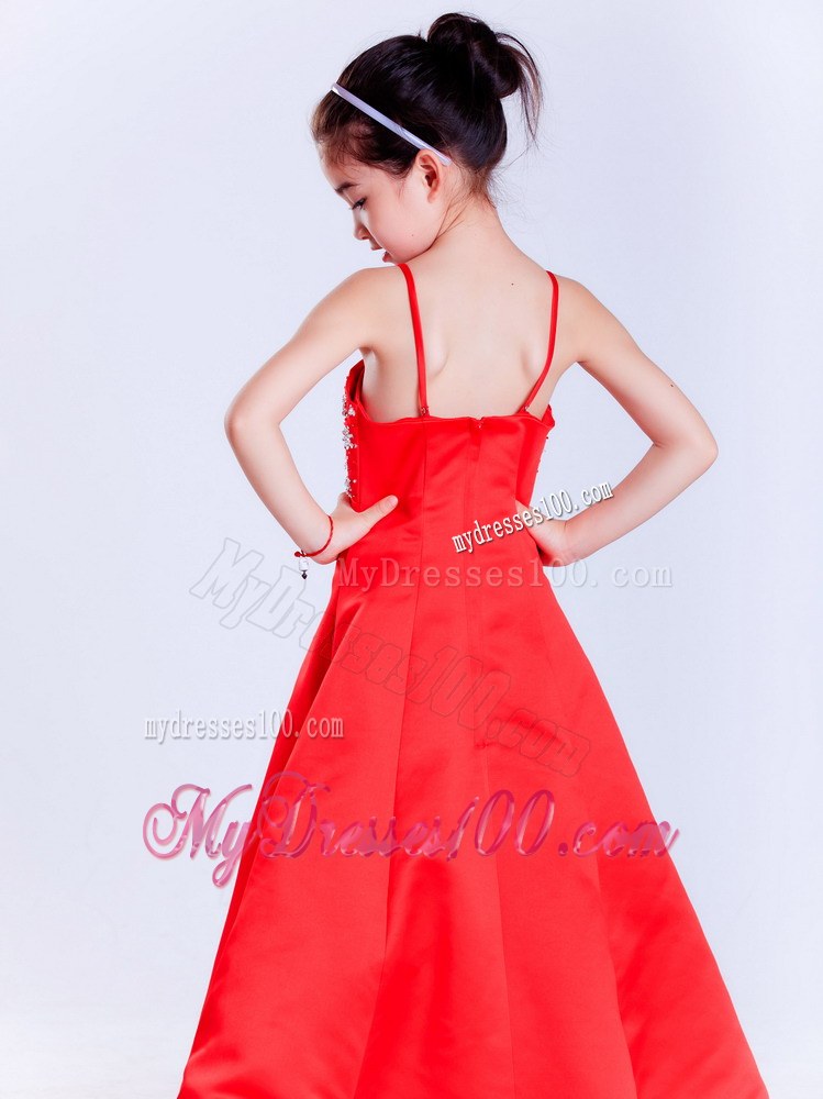 Red Straps Ankle-length Beading Flower Girl Dress
