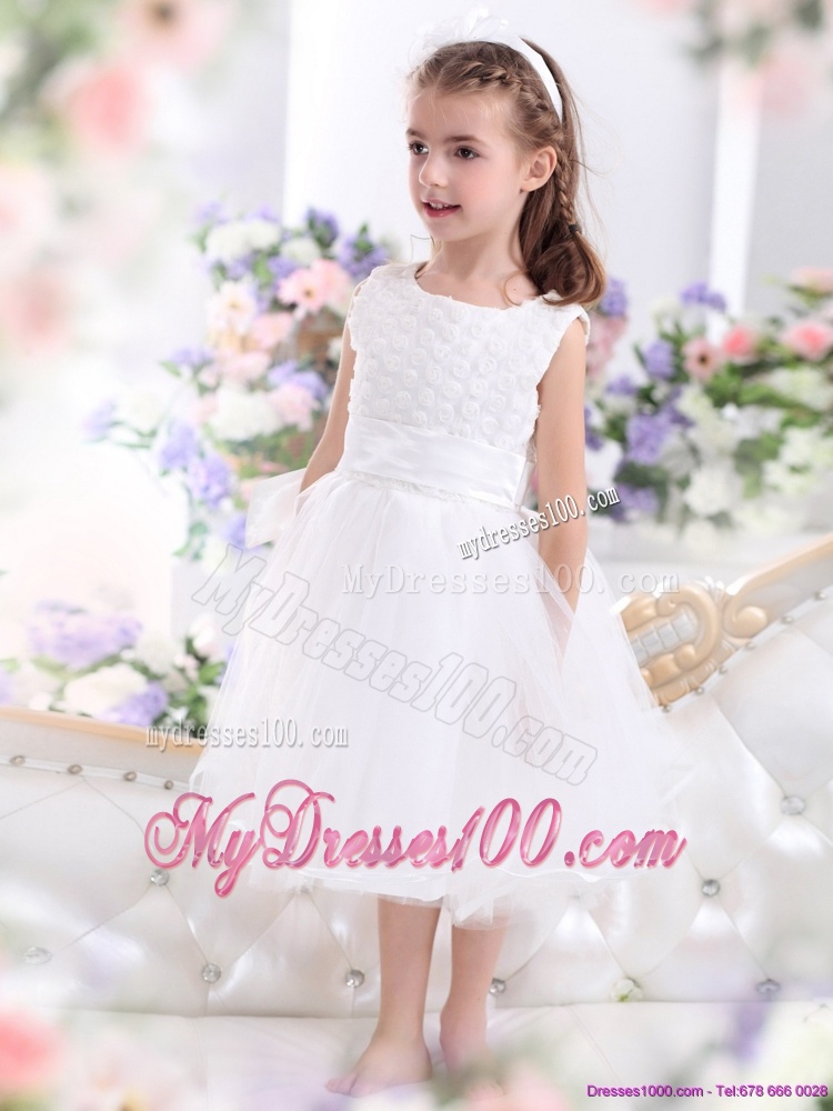 Scoop Tea Length White 2016 Flower Girl Dress with Sash