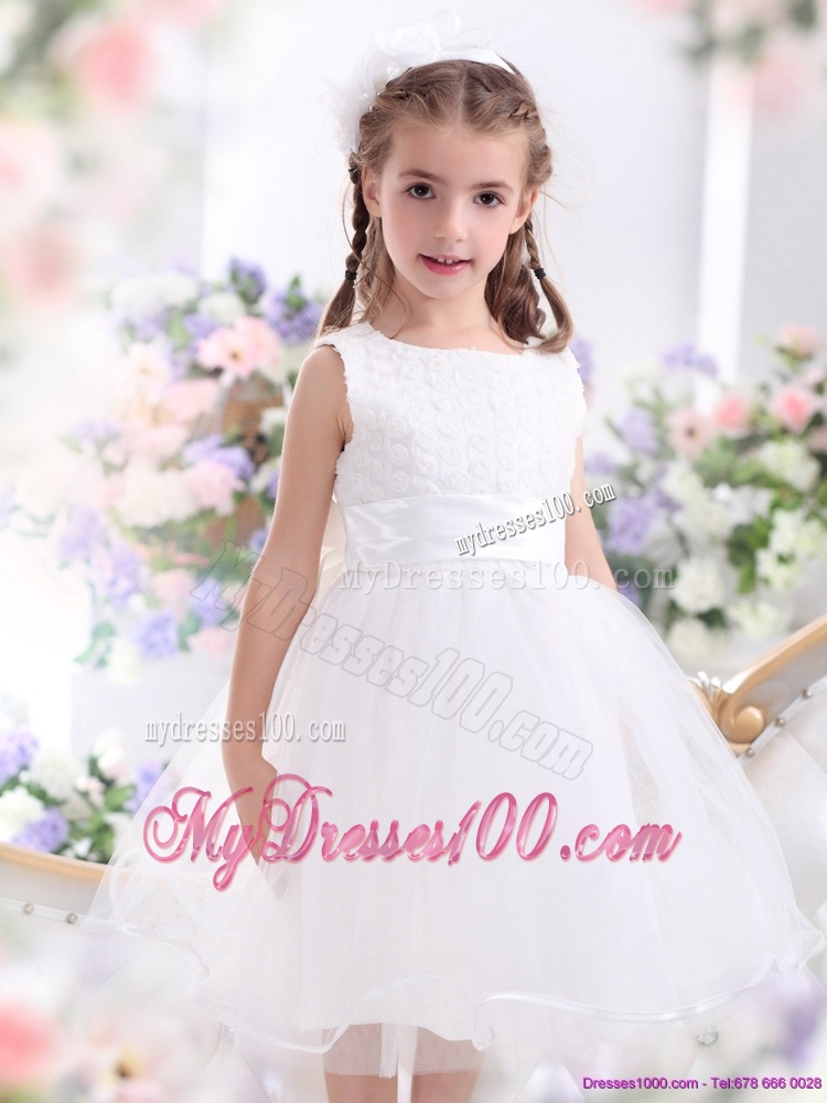 Scoop Tea Length White 2016 Flower Girl Dress with Sash