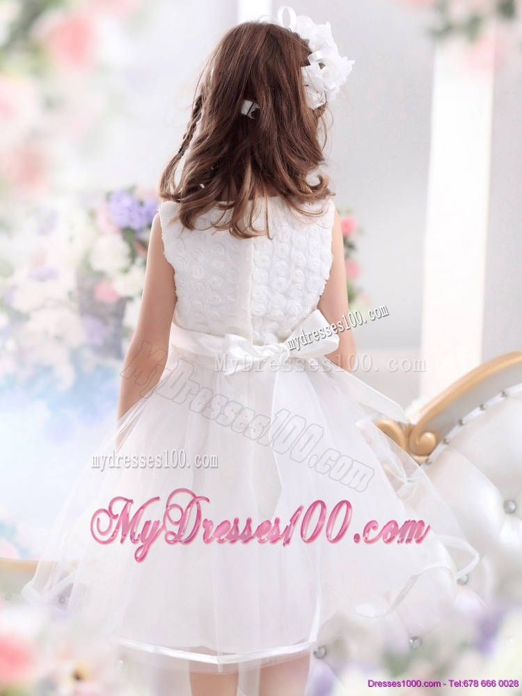 Scoop Tea Length White 2016 Flower Girl Dress with Sash