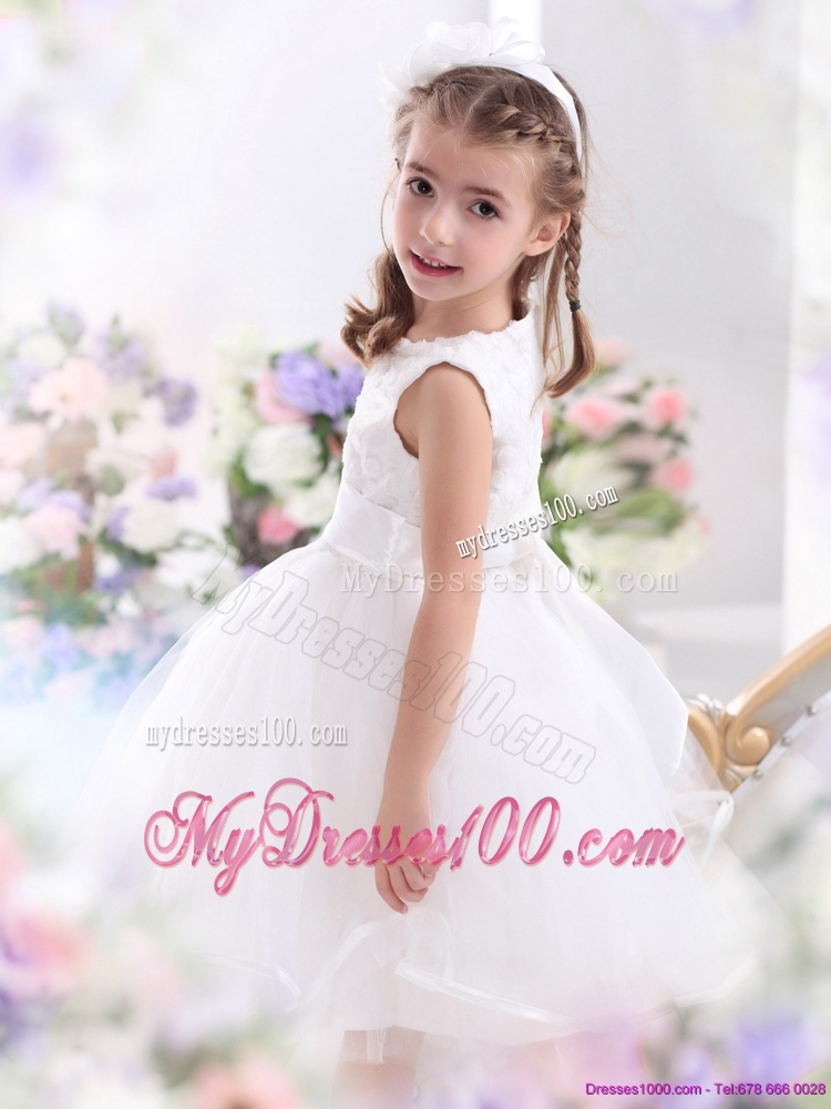 Scoop Tea Length White 2016 Flower Girl Dress with Sash
