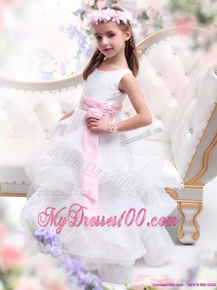 Scoop White Flower Girl Dress with Sash and Ruffles
