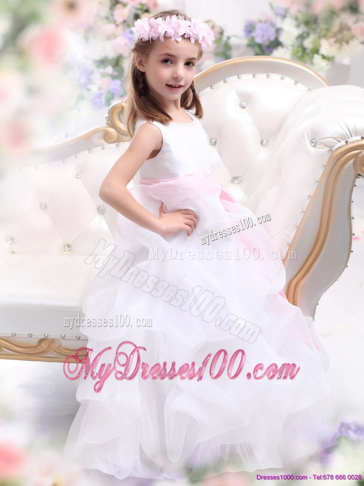 Scoop White Flower Girl Dress with Sash and Ruffles