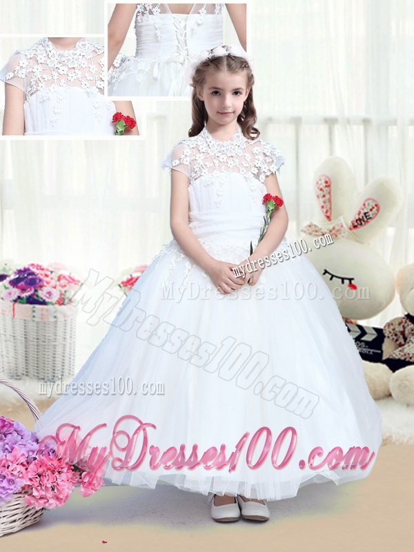 Simple High Neck Appliques Flower Girl Dresses with Tea Length