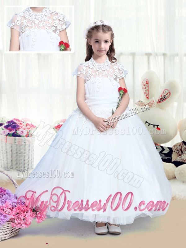 Simple High Neck Appliques Flower Girl Dresses with Tea Length