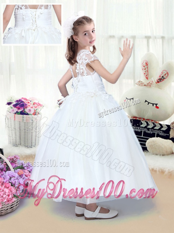 Simple High Neck Appliques Flower Girl Dresses with Tea Length