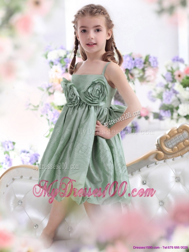 Unique Spaghetti Straps Flower Girl Dress with Waistband and Hand Made Flower