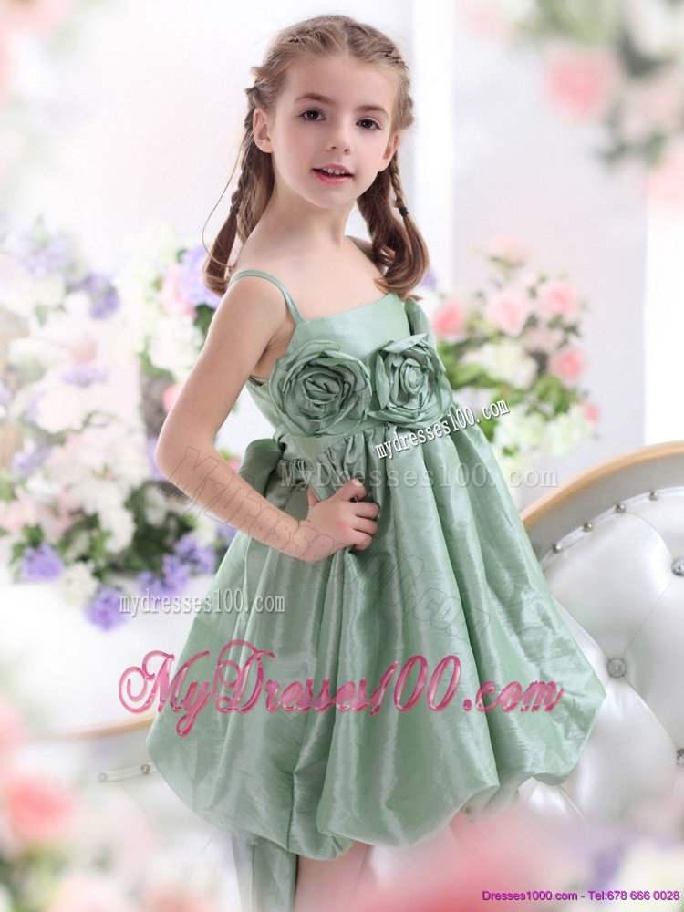Unique Spaghetti Straps Flower Girl Dress with Waistband and Hand Made Flower