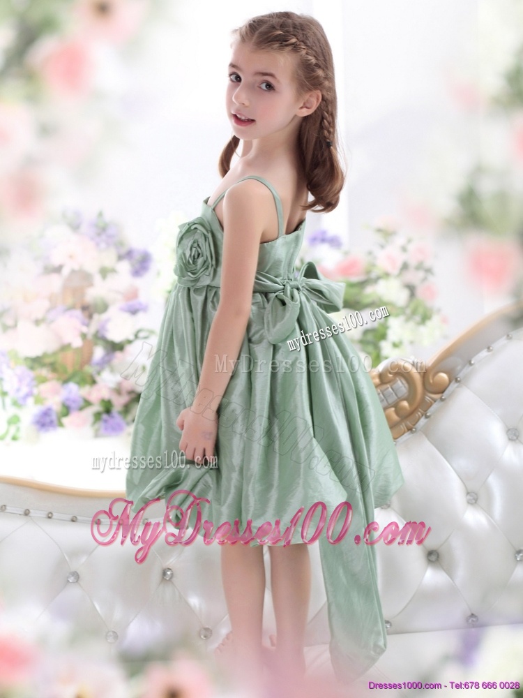 Unique Spaghetti Straps Flower Girl Dress with Waistband and Hand Made Flower