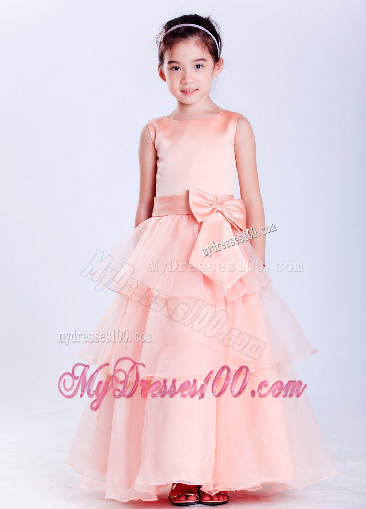 Watermelon Red Scoop Ankle-length Bow Flower Girl Dress