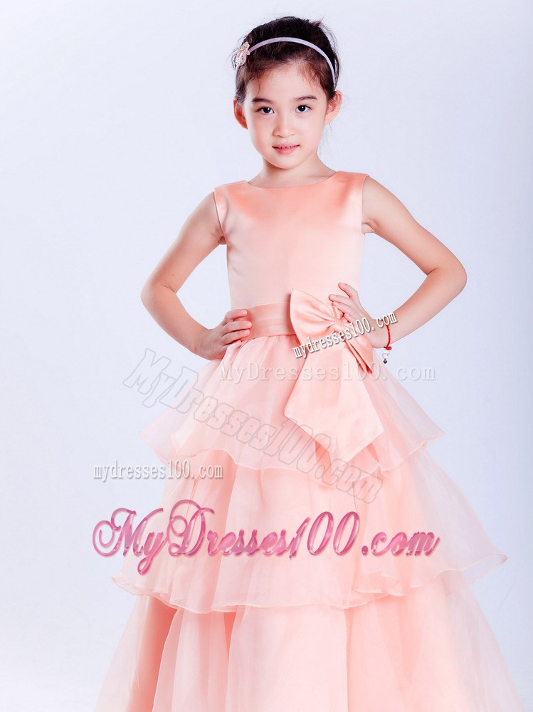 Watermelon Red Scoop Ankle-length Bow Flower Girl Dress