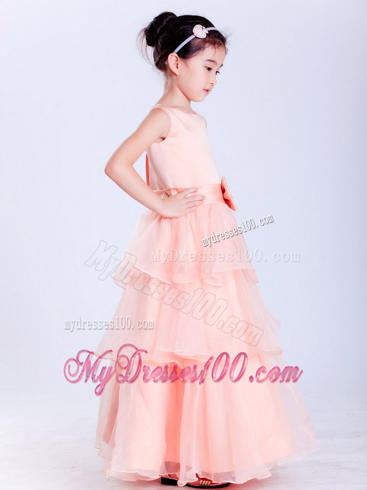 Watermelon Red Scoop Ankle-length Bow Flower Girl Dress