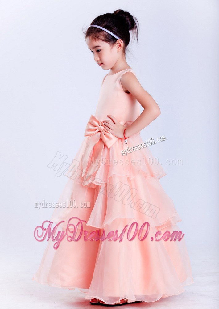Watermelon Red Scoop Ankle-length Bow Flower Girl Dress
