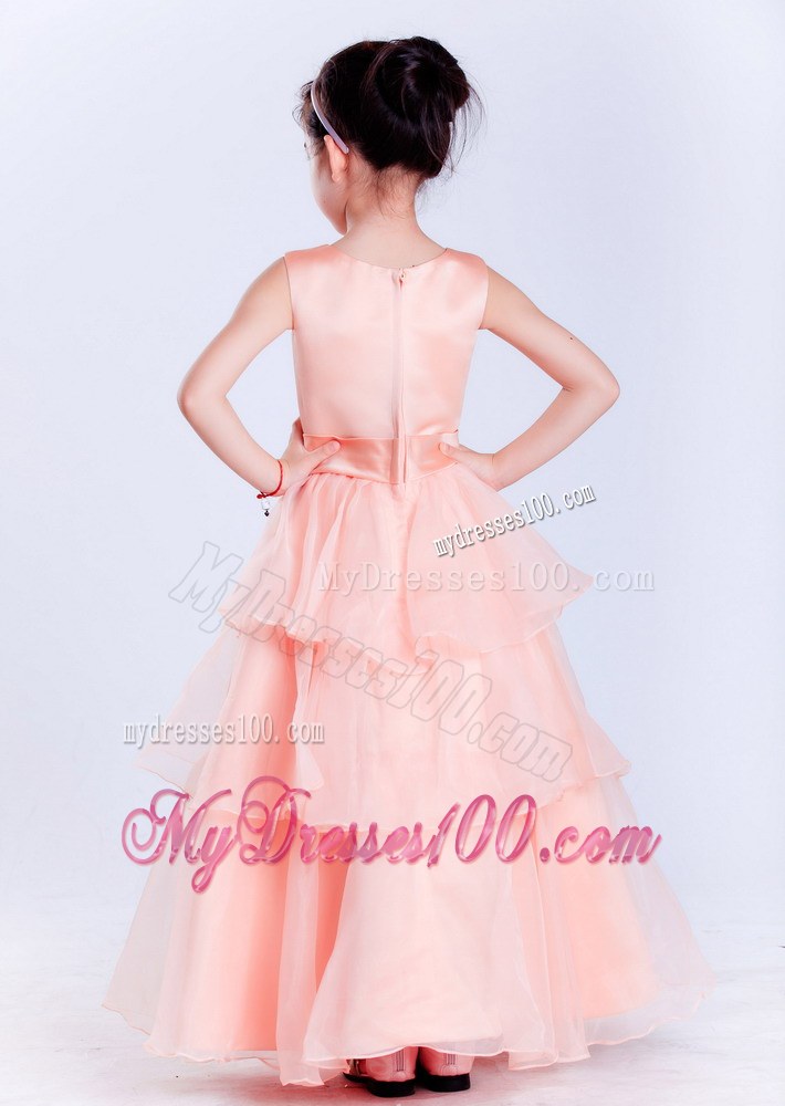 Watermelon Red Scoop Ankle-length Bow Flower Girl Dress