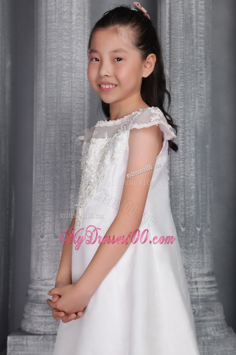 White Princess Bateau Tea-length Lace Flower Girl Dress