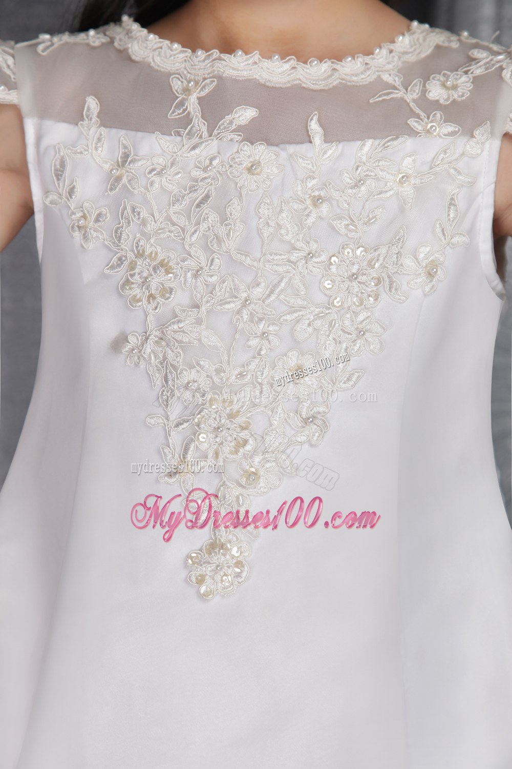 White Princess Bateau Tea-length Lace Flower Girl Dress