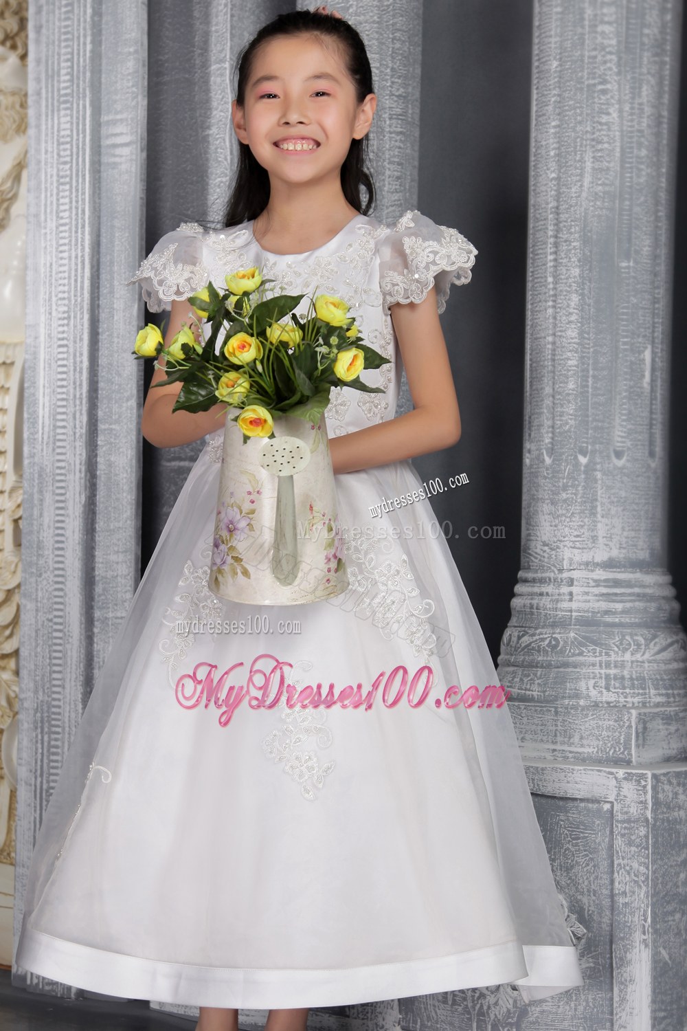 White Princess Scoop Ankel-length Lace Flower Girl Dress