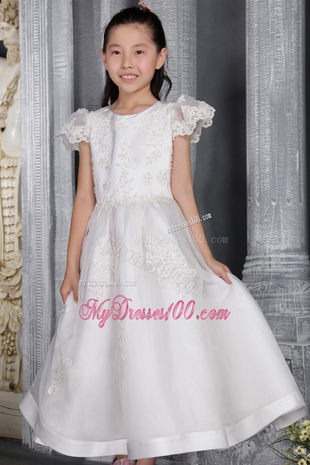 White Princess Scoop Ankel-length Lace Flower Girl Dress
