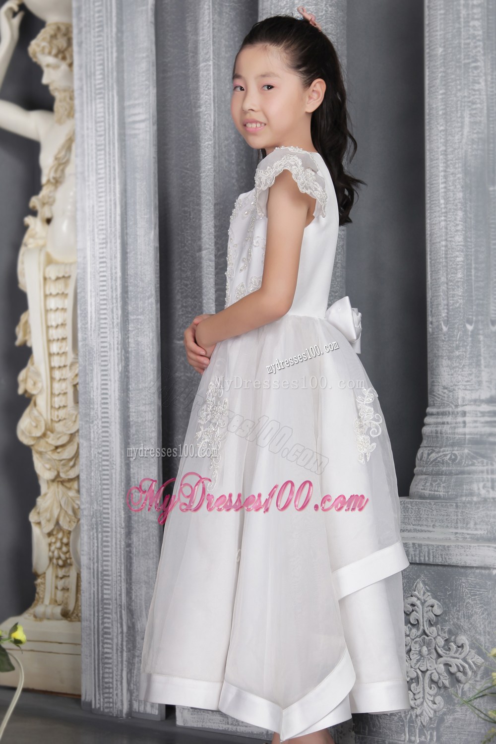 White Princess Scoop Ankel-length Lace Flower Girl Dress