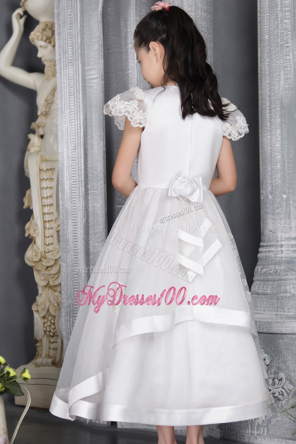 White Princess Scoop Ankel-length Lace Flower Girl Dress