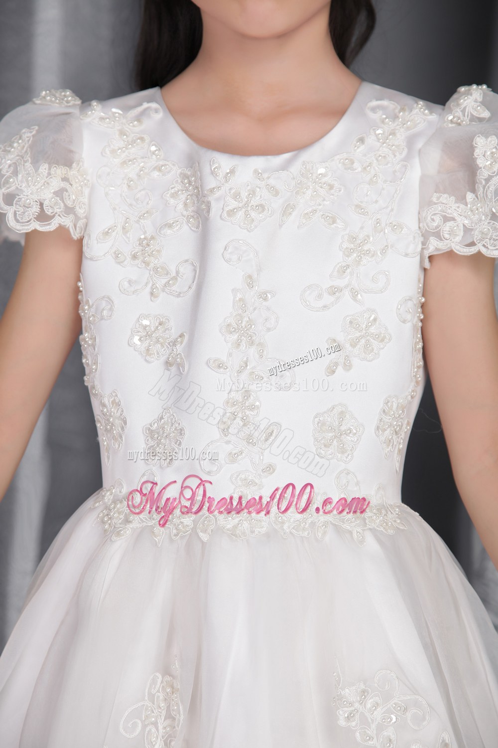 White Princess Scoop Ankel-length Lace Flower Girl Dress