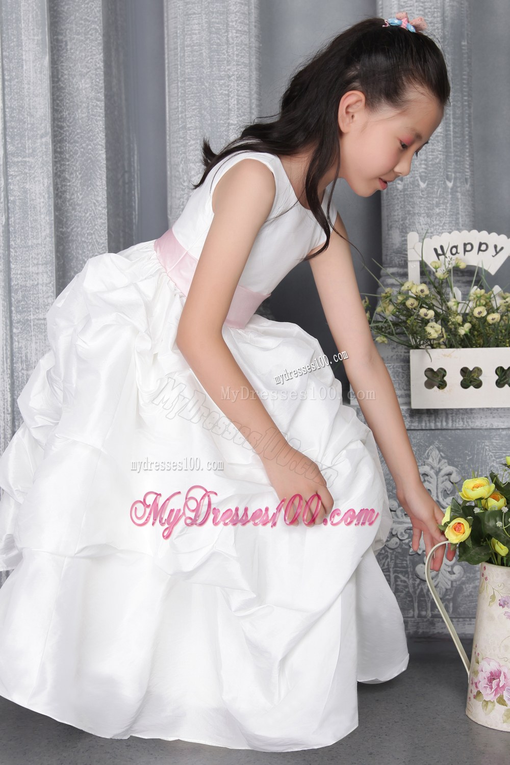 White Princess Scoop Tea-length Belt Flower Girl Dress