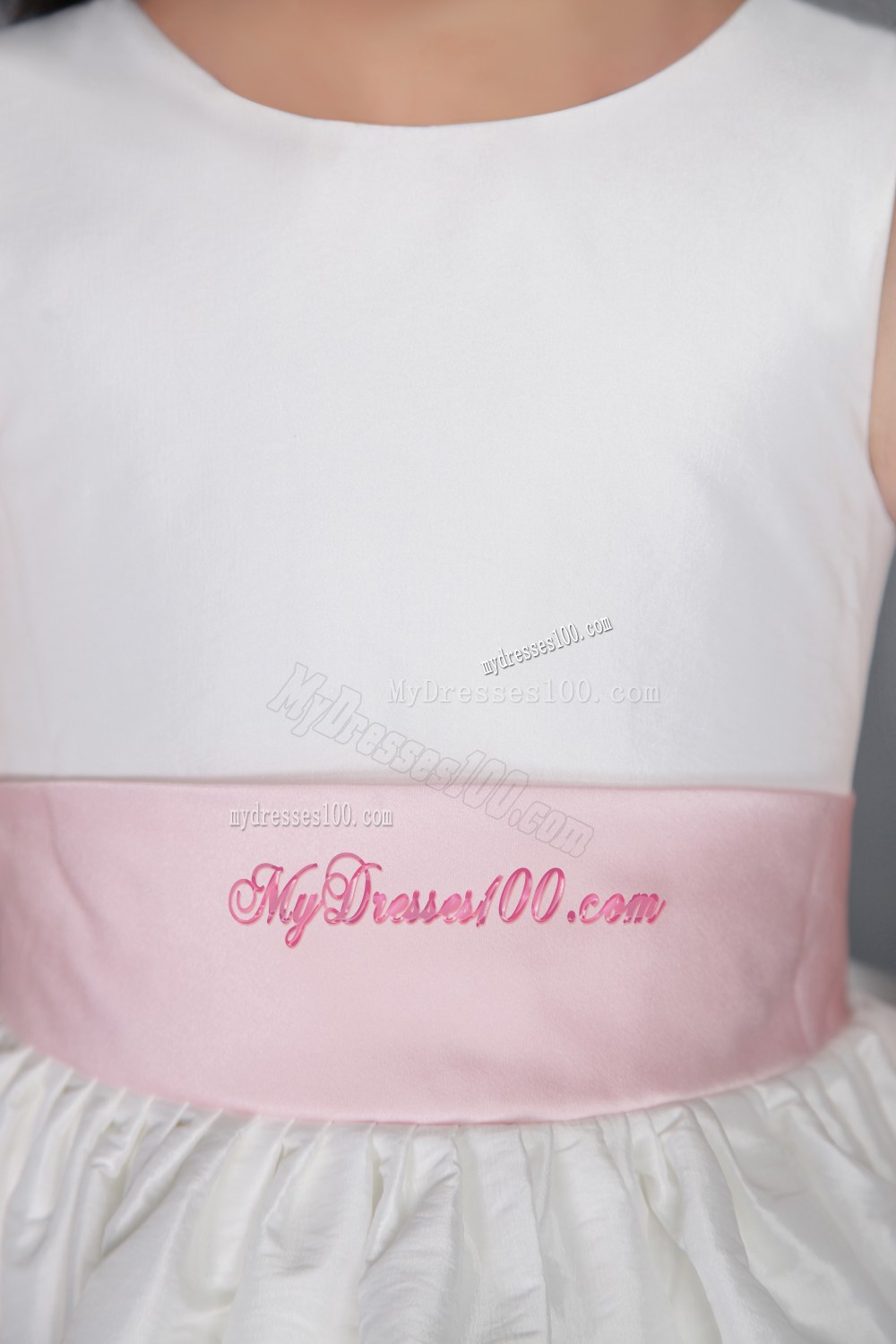 White Princess Scoop Tea-length Belt Flower Girl Dress