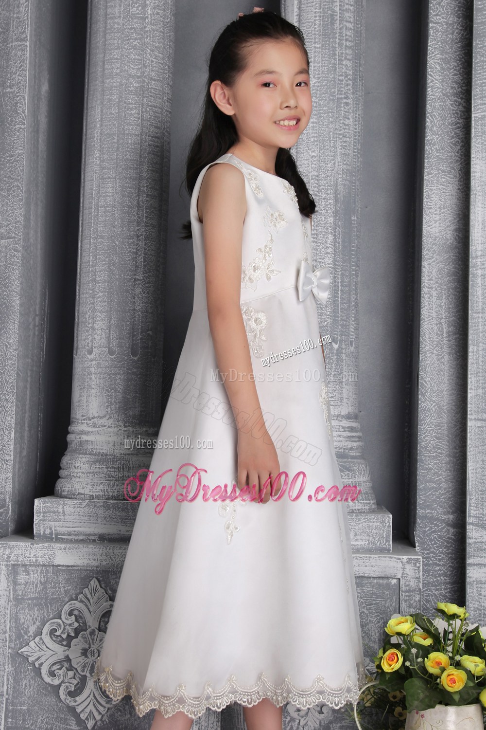 White Princess Scoop Tea-length Beading Flower Girl Dress