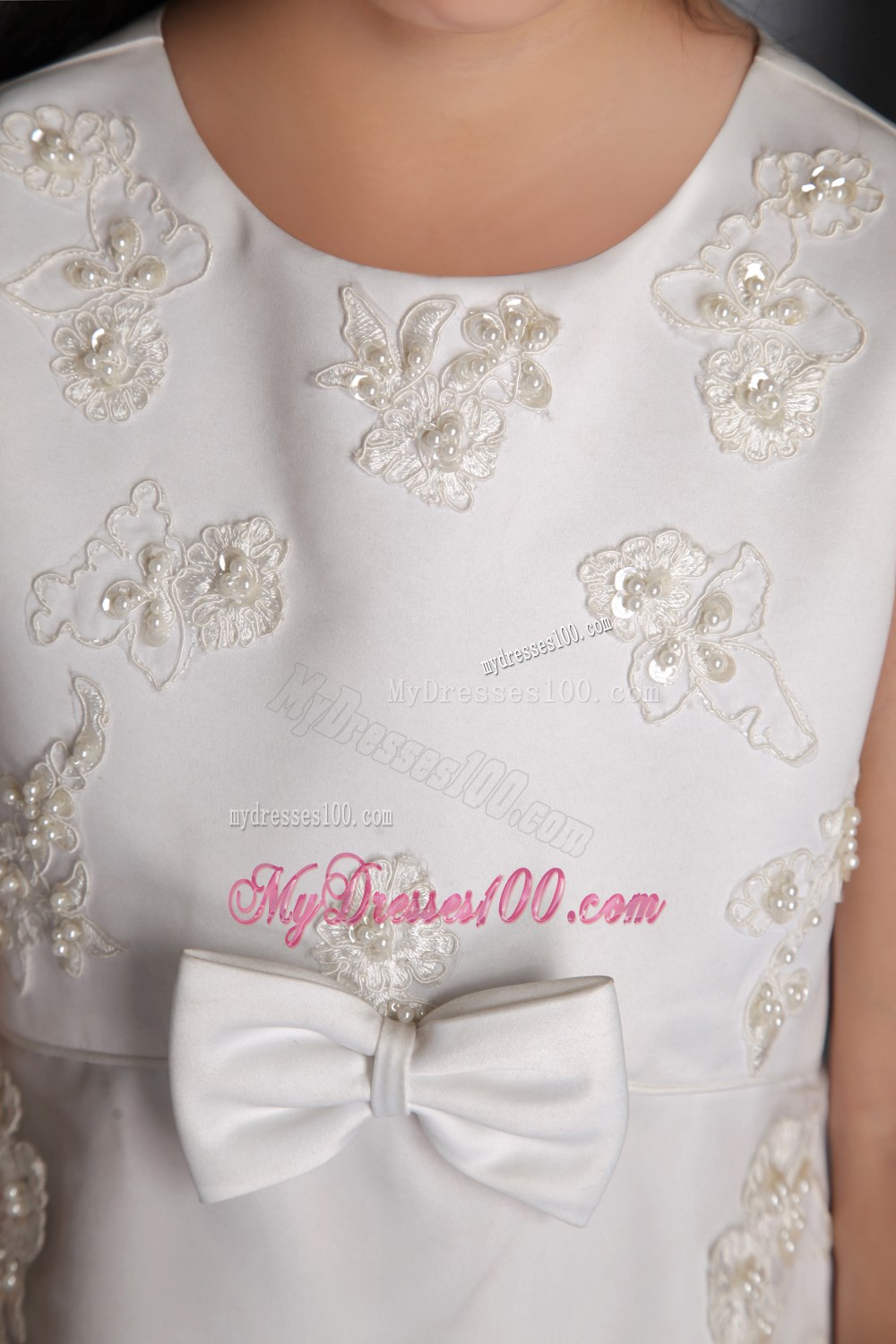 White Princess Scoop Tea-length Beading Flower Girl Dress