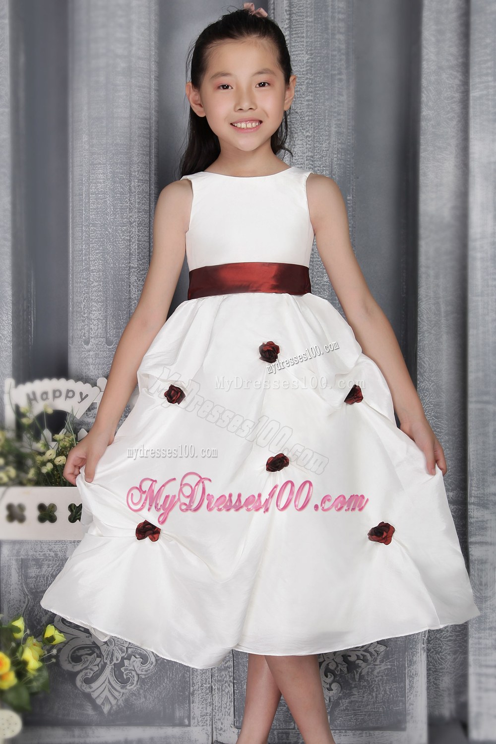 White Princess Scoop Tea-length Belt and Appliques Flower Girl Dress