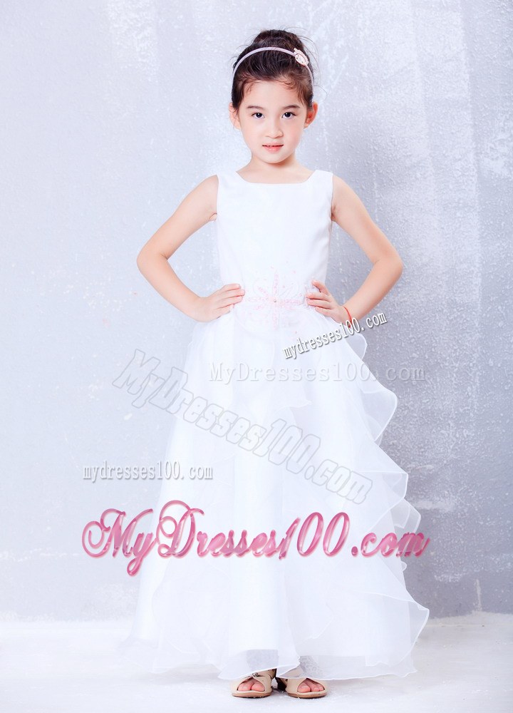 White Scoop Ankle-length Beading Flower Girl Dress