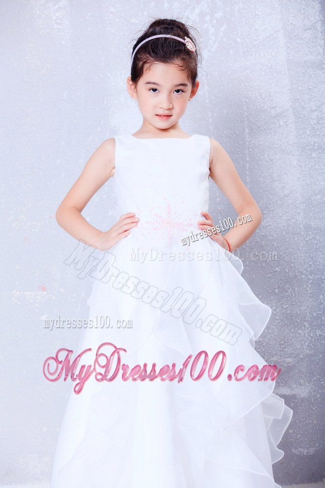 White Scoop Ankle-length Beading Flower Girl Dress