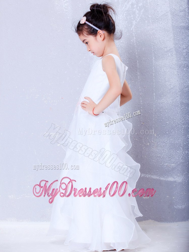 White Scoop Ankle-length Beading Flower Girl Dress