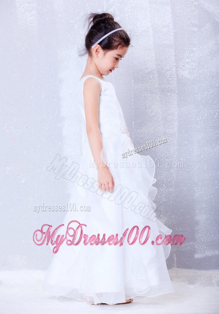 White Scoop Ankle-length Beading Flower Girl Dress