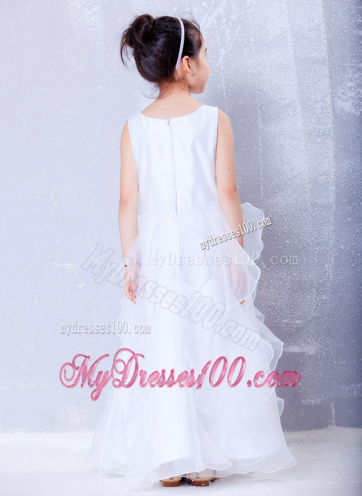 White Scoop Ankle-length Beading Flower Girl Dress