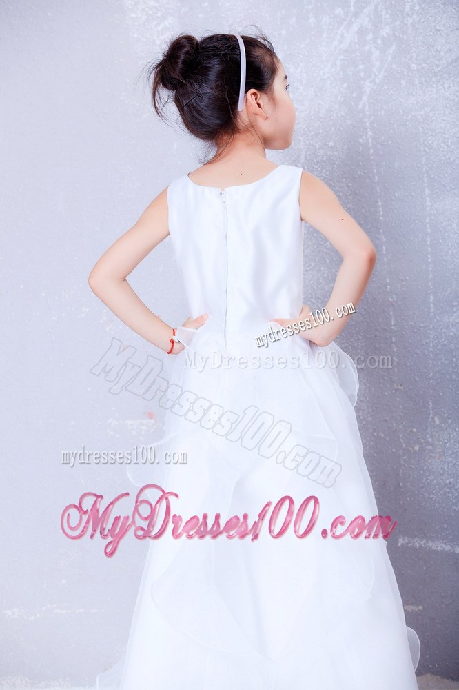 White Scoop Ankle-length Beading Flower Girl Dress