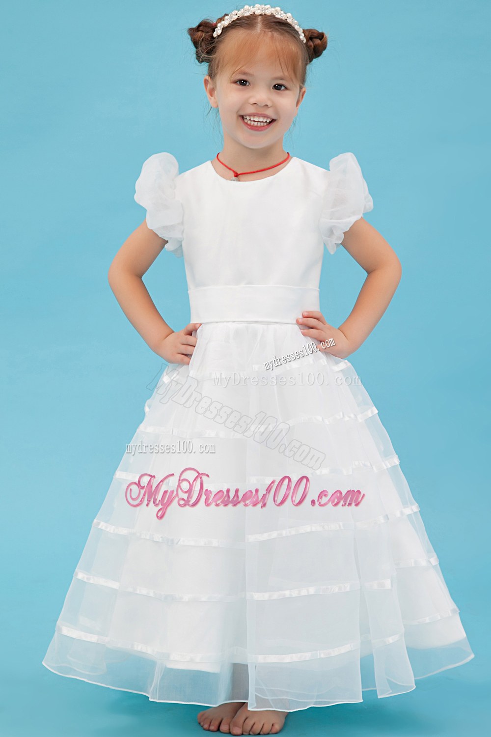 White Scoop Ankle-length Belt Flower Girl Dress