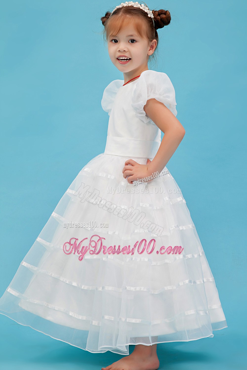 White Scoop Ankle-length Belt Flower Girl Dress