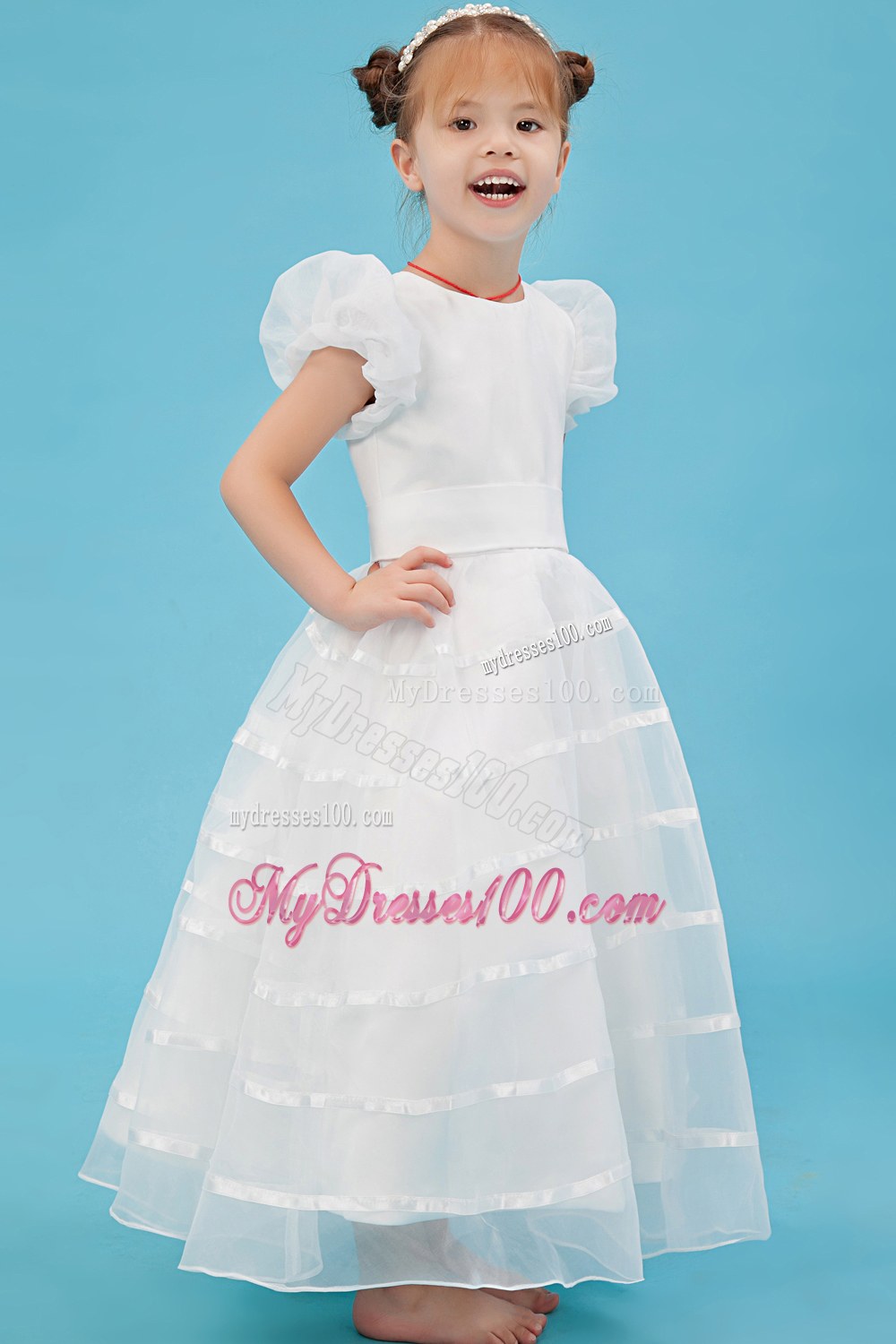White Scoop Ankle-length Belt Flower Girl Dress