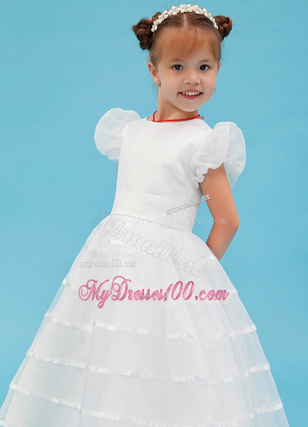 White Scoop Ankle-length Belt Flower Girl Dress