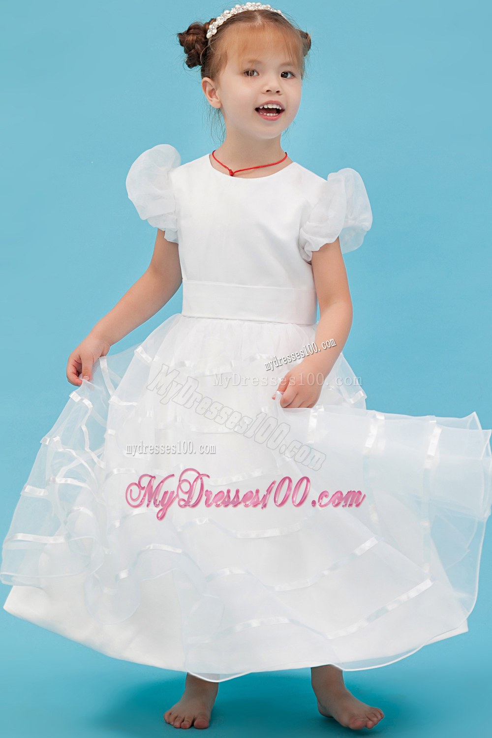 White Scoop Ankle-length Belt Flower Girl Dress
