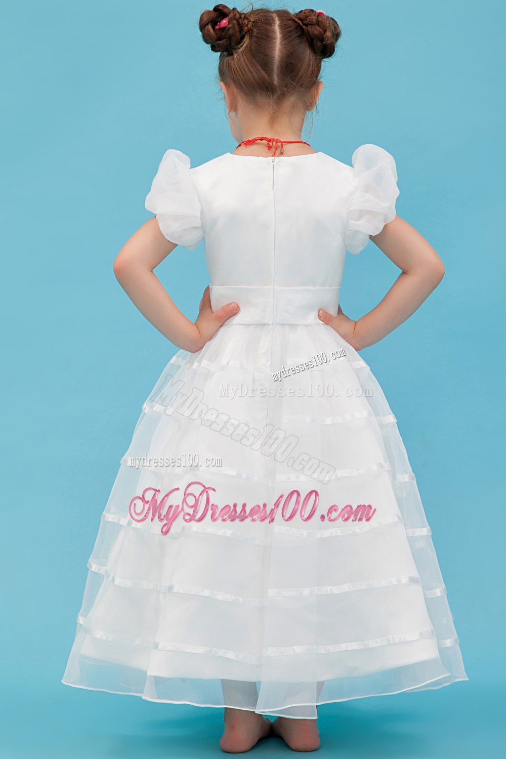 White Scoop Ankle-length Belt Flower Girl Dress