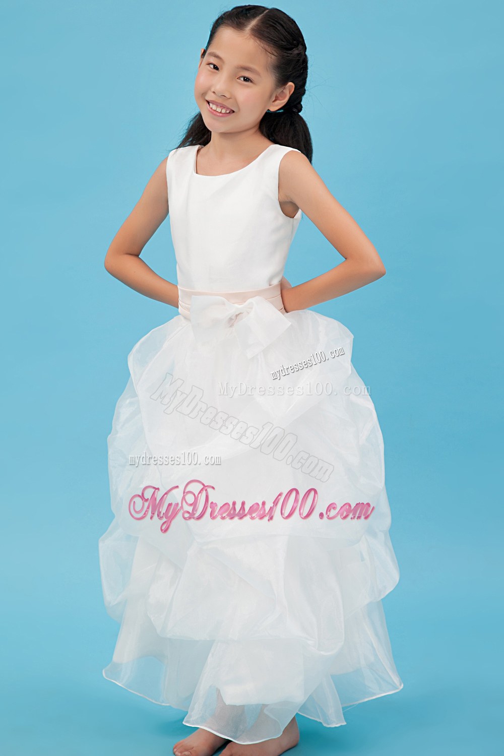 White Scoop Ankle-length Sash Flower Girl Dress