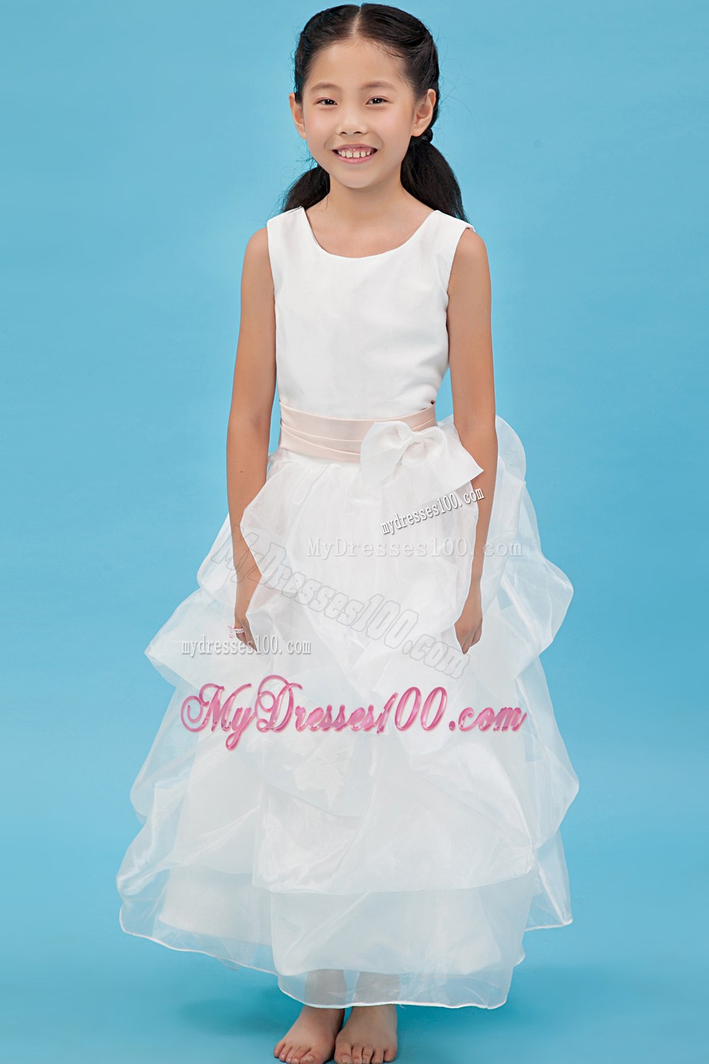 White Scoop Ankle-length Sash Flower Girl Dress