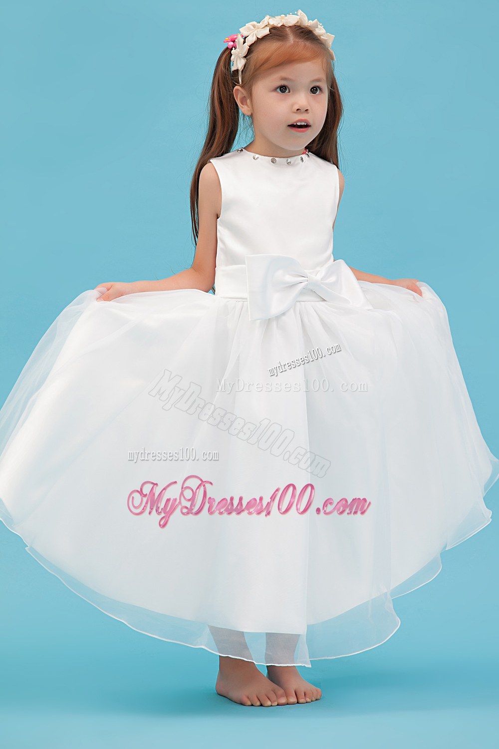 White Scoop Ankle-length Sash Flower Girl Dress