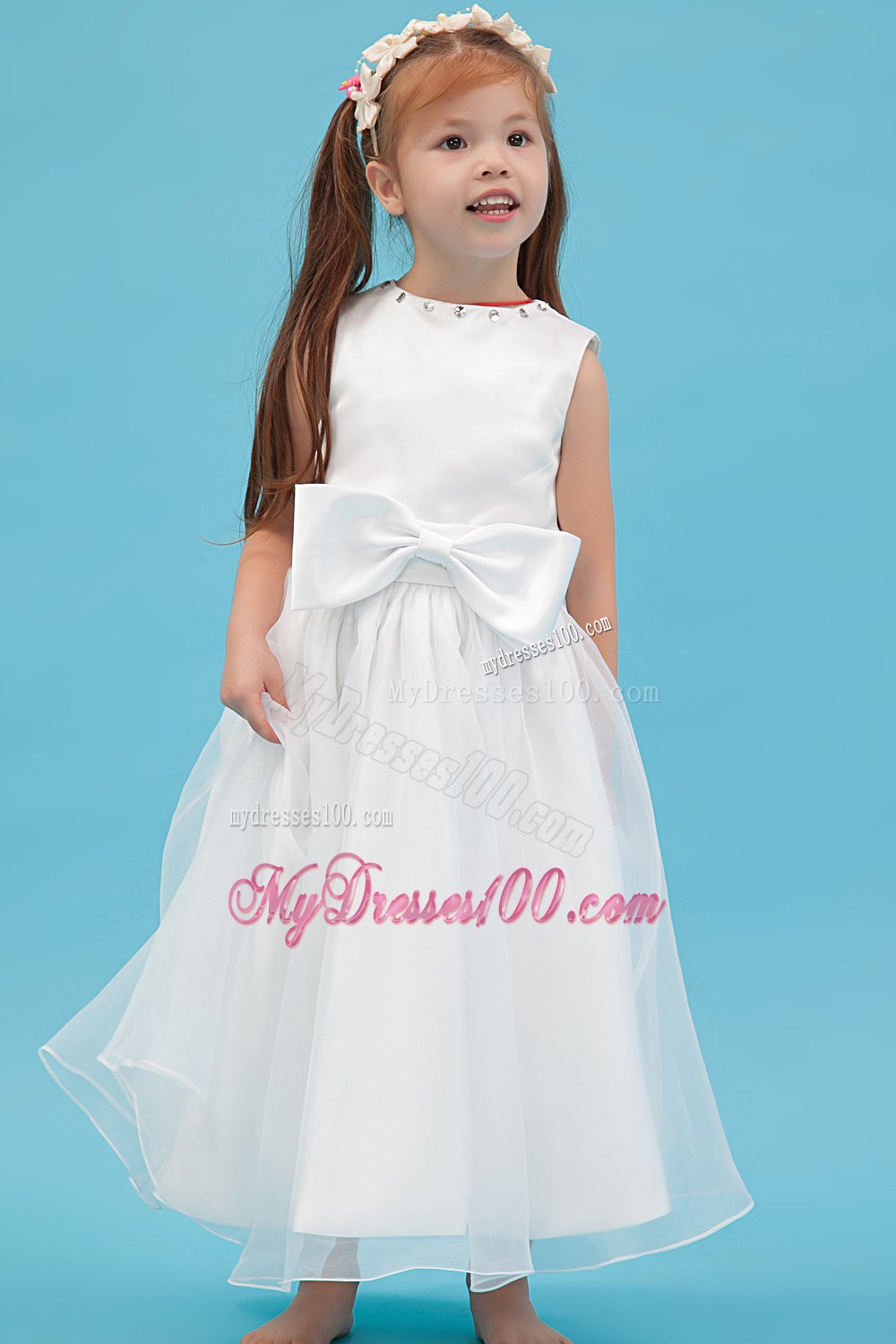 White Scoop Ankle-length Sash Flower Girl Dress