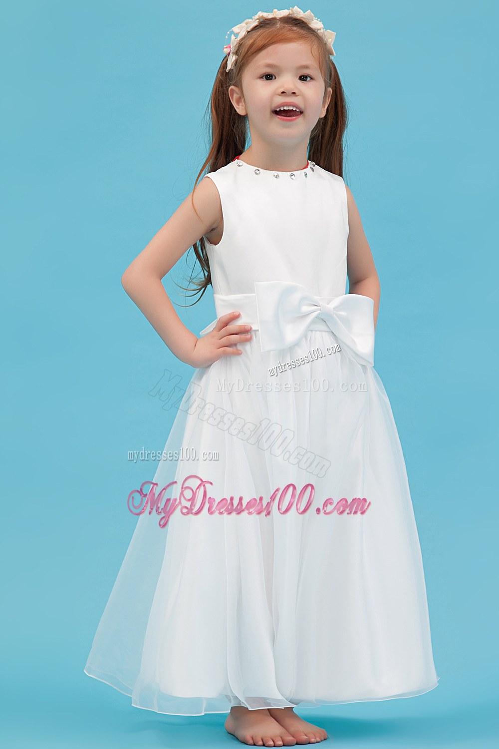 White Scoop Ankle-length Sash Flower Girl Dress