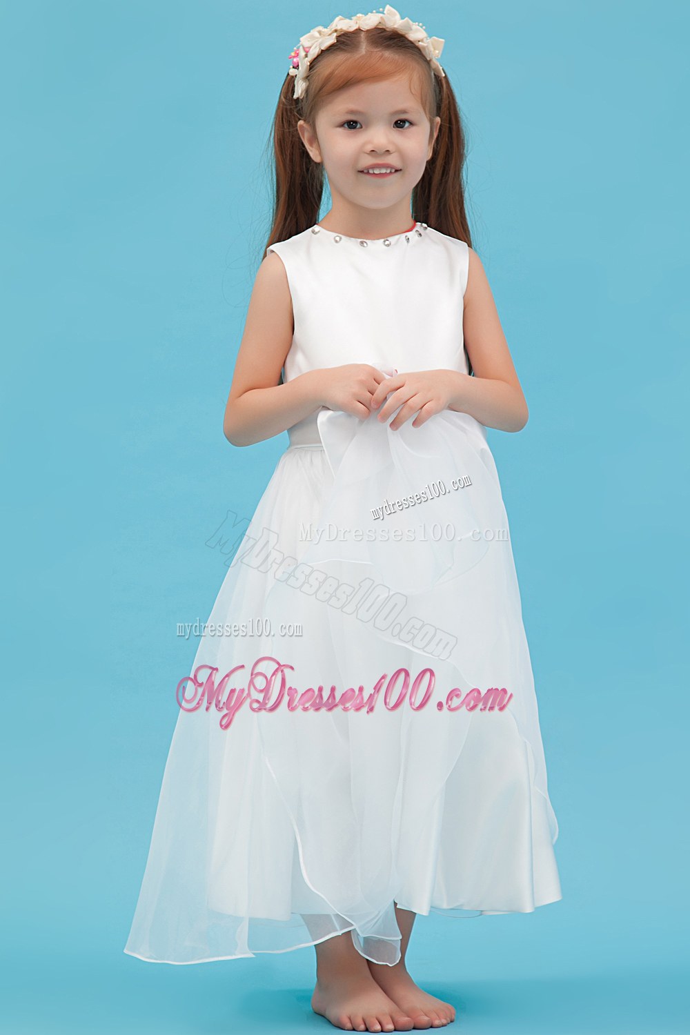 White Scoop Ankle-length Sash Flower Girl Dress