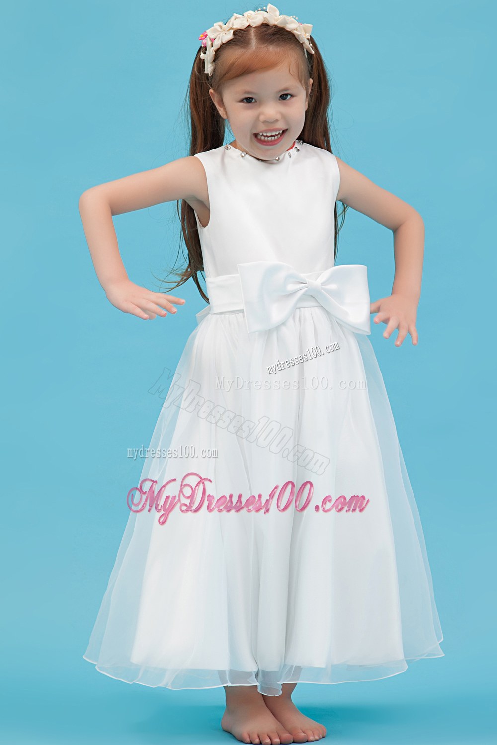 White Scoop Ankle-length Sash Flower Girl Dress